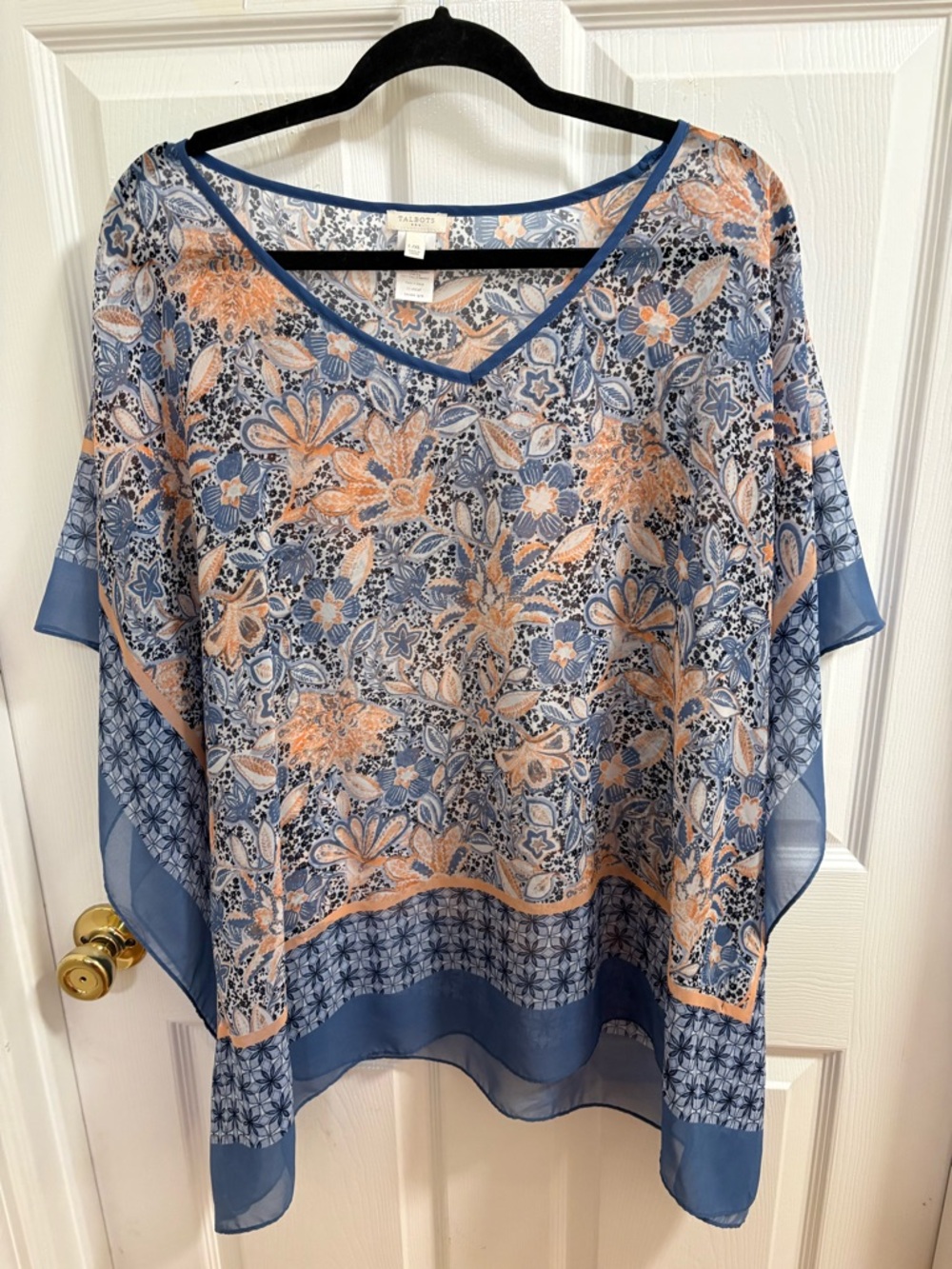 Talbots women's geometric short sleeve pullover tunic poncho top in blue.